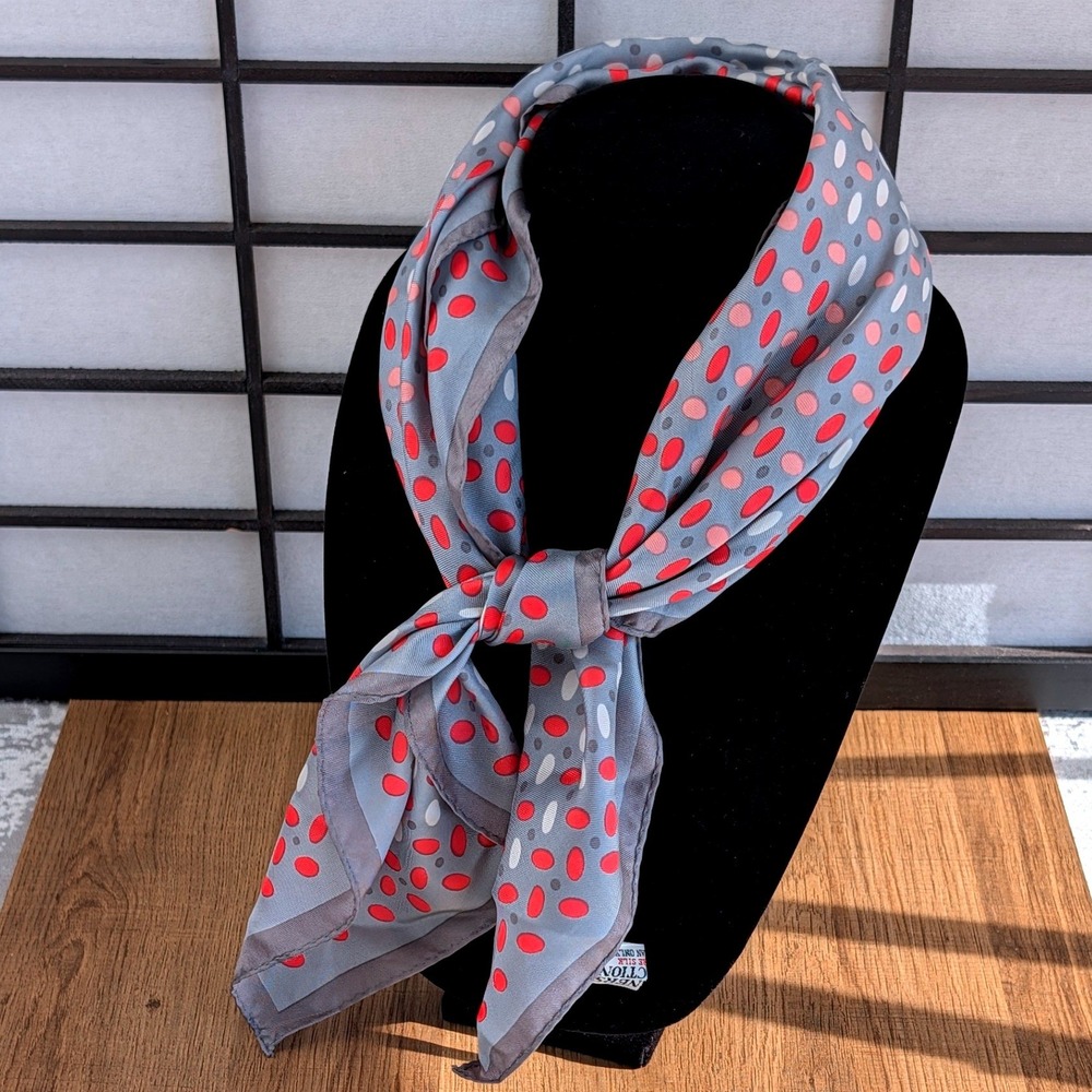 Designers Collection Silk Scarf Grey Red Polka Dot Square Made in Japan RN14750